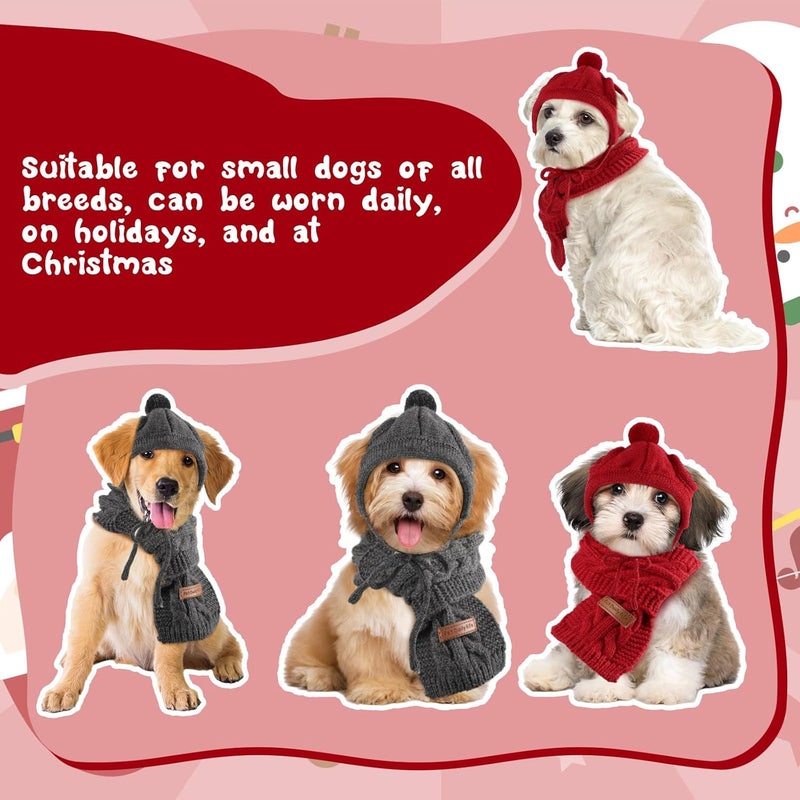 Cutecrop 4 Pcs Knitted Doggie Scarf and Hat Set Winter Dog Hat Puppy Beanie Cat Cap Winter Neck Ear Warmer for Small Dogs and Cats(Red & Gray) - Image 5